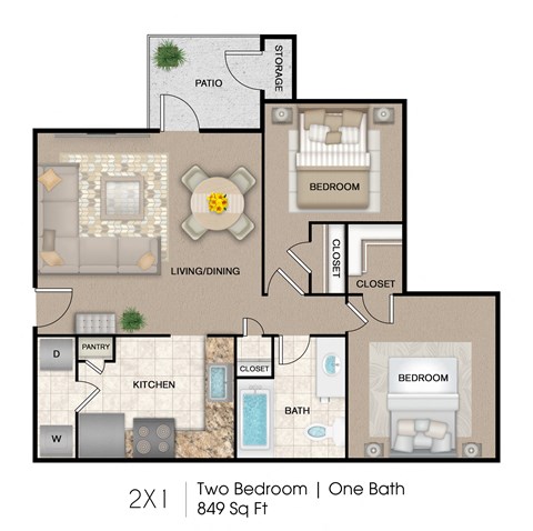 Floor plan for 2 beds, 1 bath, 849 sqft